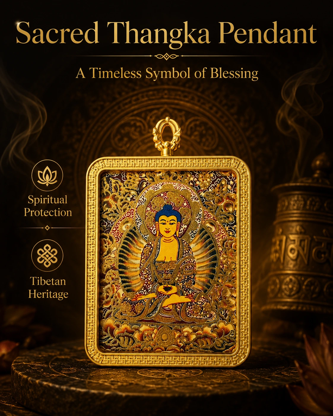 Golden Buddha Thangka artwork pendant with gold-tone decorative frame