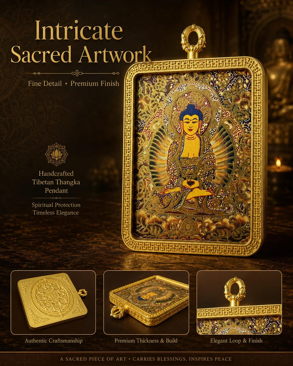 Golden Buddha Thangka artwork pendant with gold-tone decorative frame, view 2