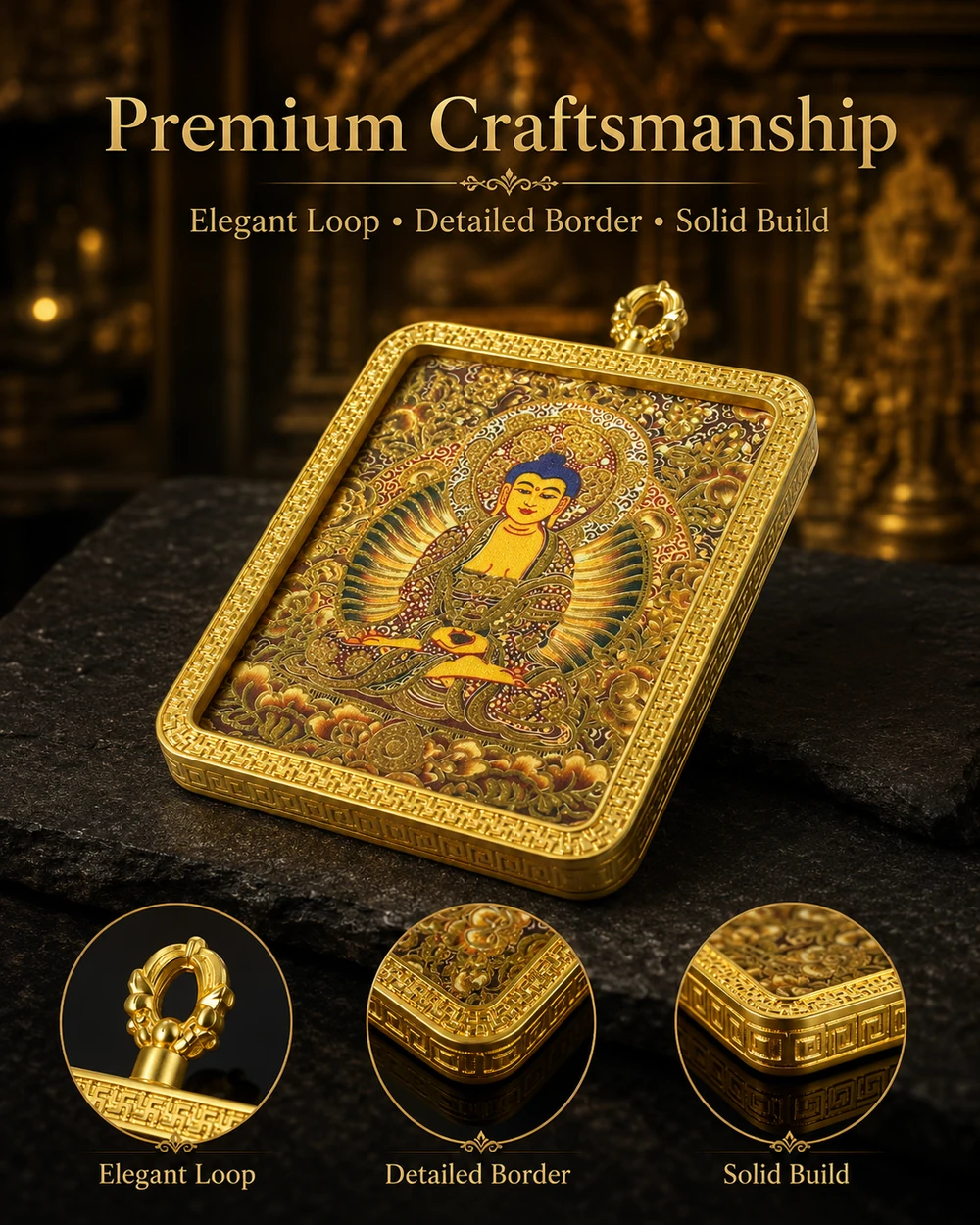 Golden Buddha Thangka artwork pendant with gold-tone decorative frame, view 3