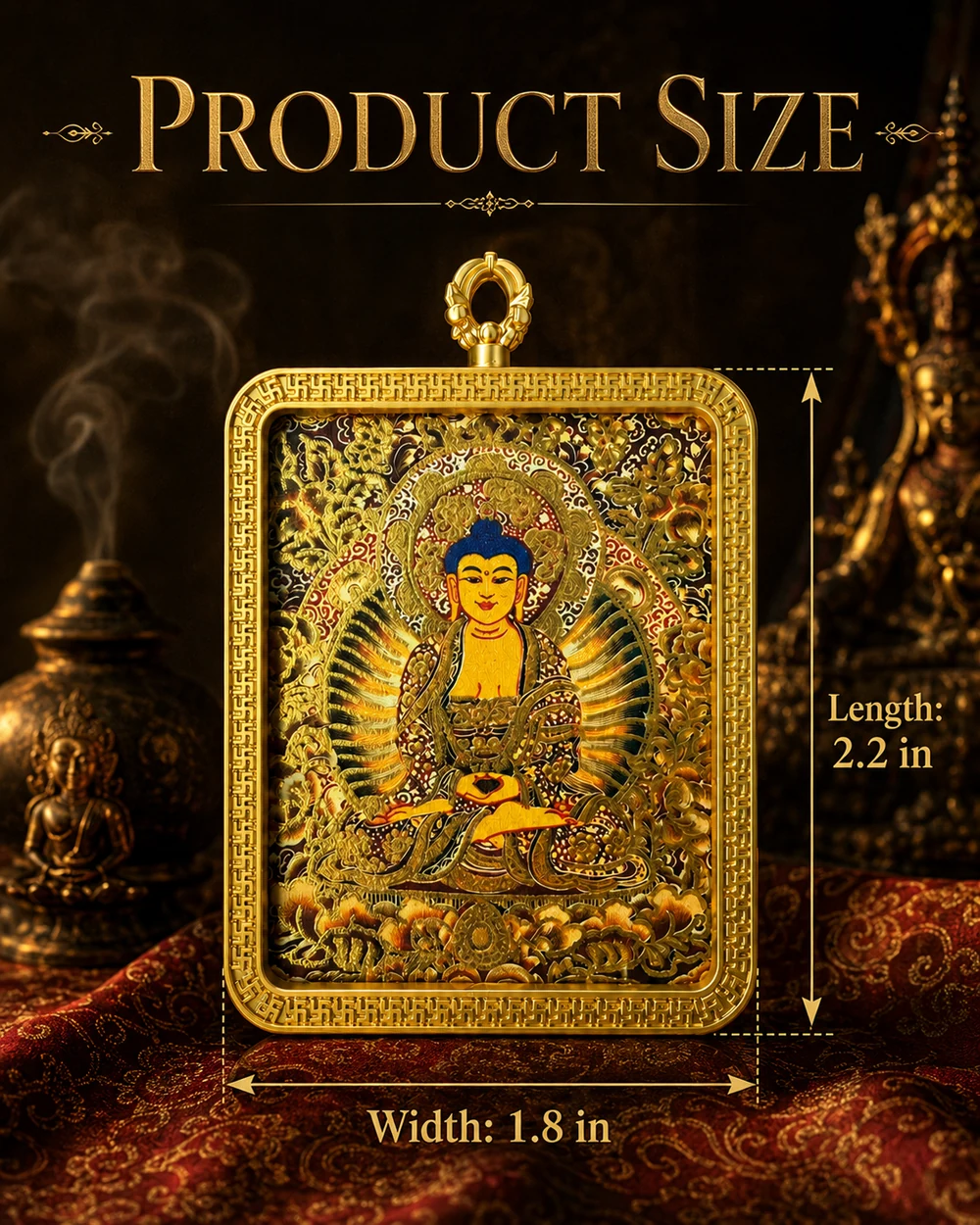 Golden Buddha Thangka artwork pendant with gold-tone decorative frame, view 5