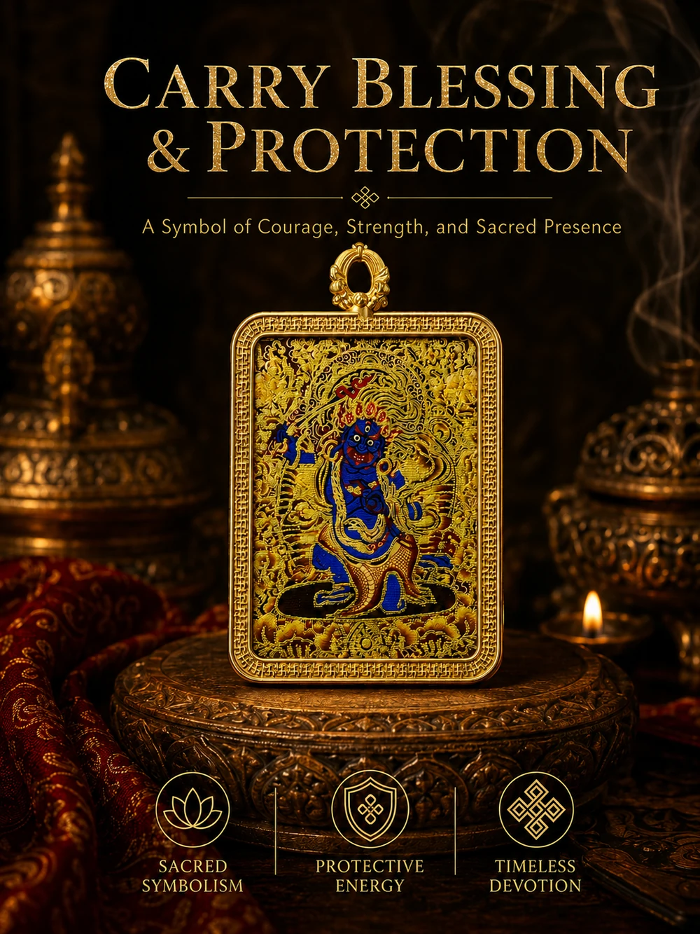 Blue guardian Thangka artwork pendant with gold-tone decorative frame