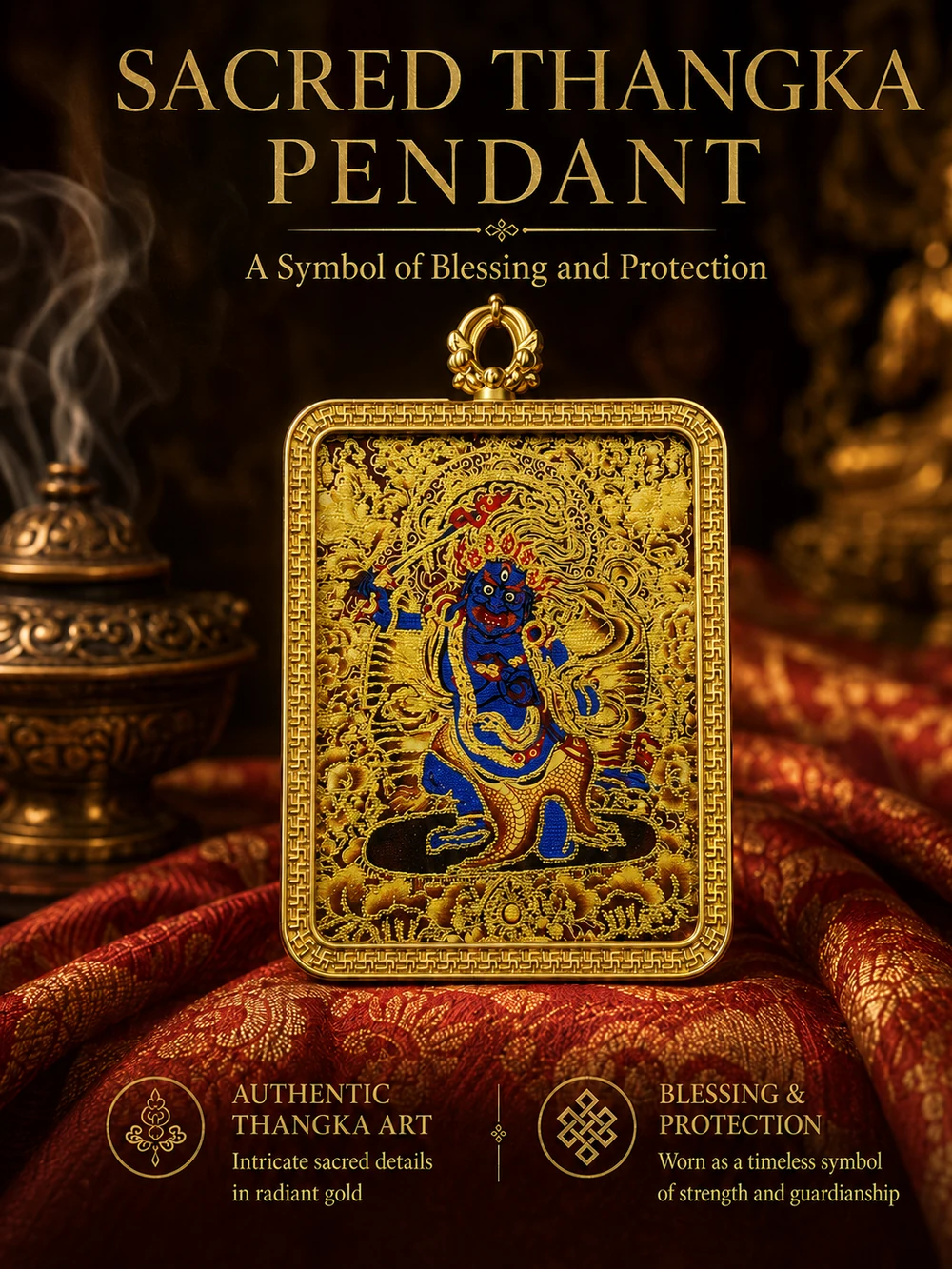 Blue guardian Thangka artwork pendant with gold-tone decorative frame, view 2