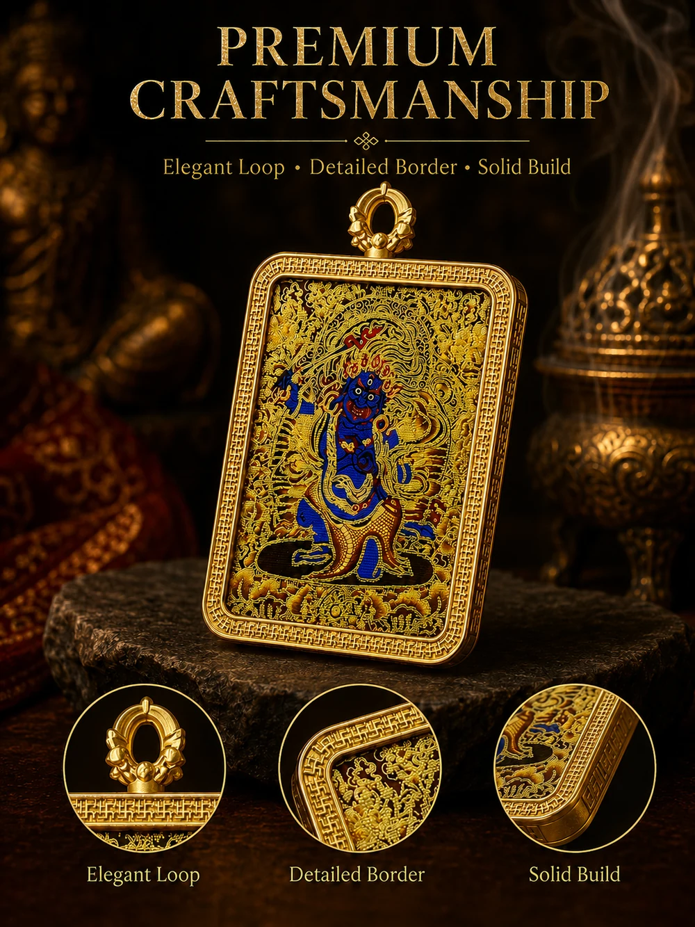 Blue guardian Thangka artwork pendant with gold-tone decorative frame, view 3
