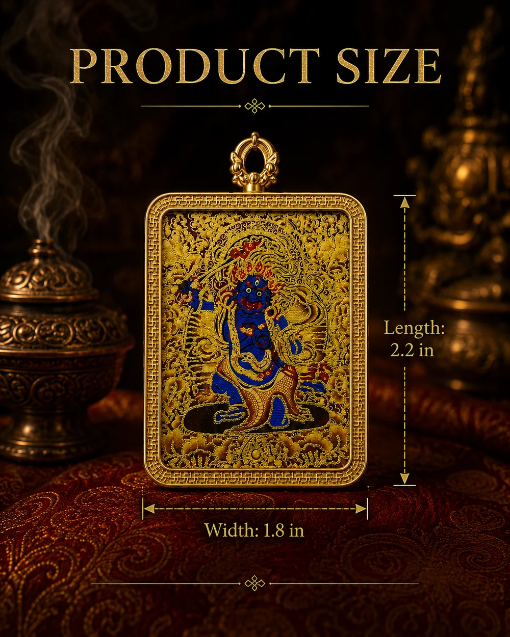 Blue guardian Thangka artwork pendant with gold-tone decorative frame, view 5