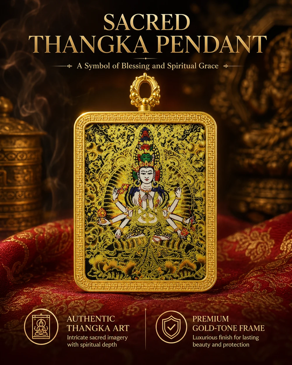 Lotus compassion Thangka artwork pendant with gold-tone decorative frame