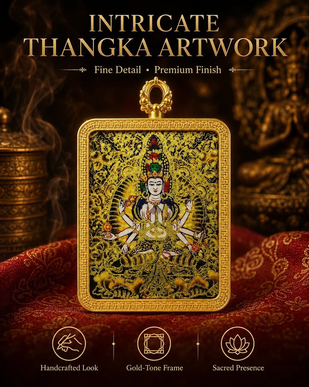 Lotus compassion Thangka artwork pendant with gold-tone decorative frame, view 2