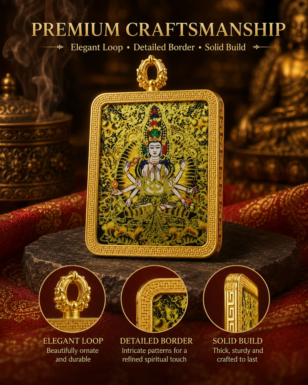Lotus compassion Thangka artwork pendant with gold-tone decorative frame, view 3