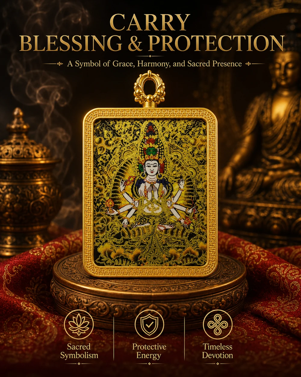Lotus compassion Thangka artwork pendant with gold-tone decorative frame, view 4