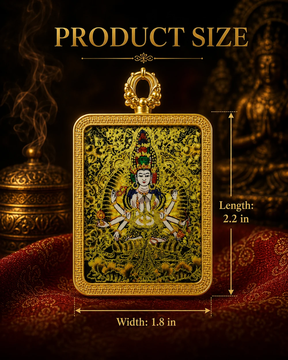 Lotus compassion Thangka artwork pendant with gold-tone decorative frame, view 5